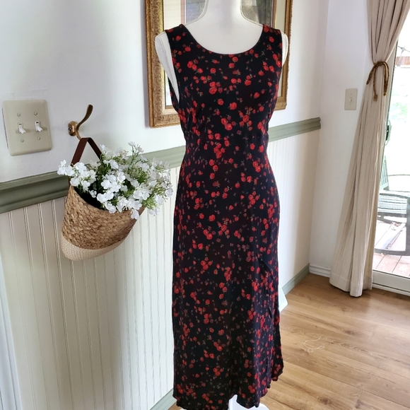 R&K Originals Dresses & Skirts - 90s Vintage floral black and red midi dress size 10 R&K Originals cottagecore